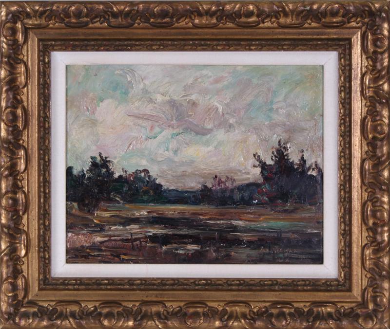 Armond Gustav Jamar (1870-1946) Belgium: LANDSCAPE, 1941, oil painting on wood panel, signed and dated lower right, signed and inscribed on verso, 11 ½ x 14 ½”, frame 18 x 21 ½”.