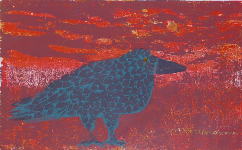 Max Kahn (1902-2005) Illinois: DOUER BIRD IN RED LANDSCAPE, color woodblock print, signed and titled and numbered 3/7 in pencil, image 18 x 29”, full margins, frame 26 x 36 ½”. Provenance: Fairweather Hardin Galler