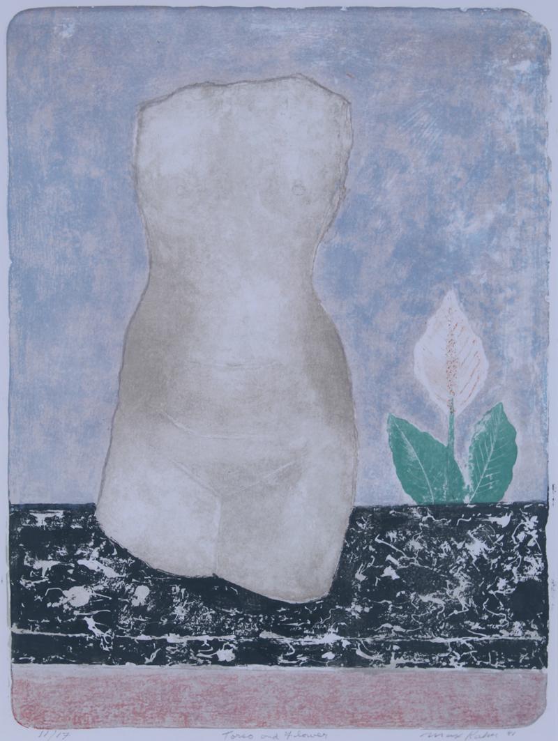 Max Kahn (1902-2005) Illinois: TORSO AND FLOWER, 1981, color lithograph, signed and dated and titled and numbered 11/17 in pencil, image 25 ¼ x 19”, full margins, frame 36 x 28” with glass. Provenance: Fairweather