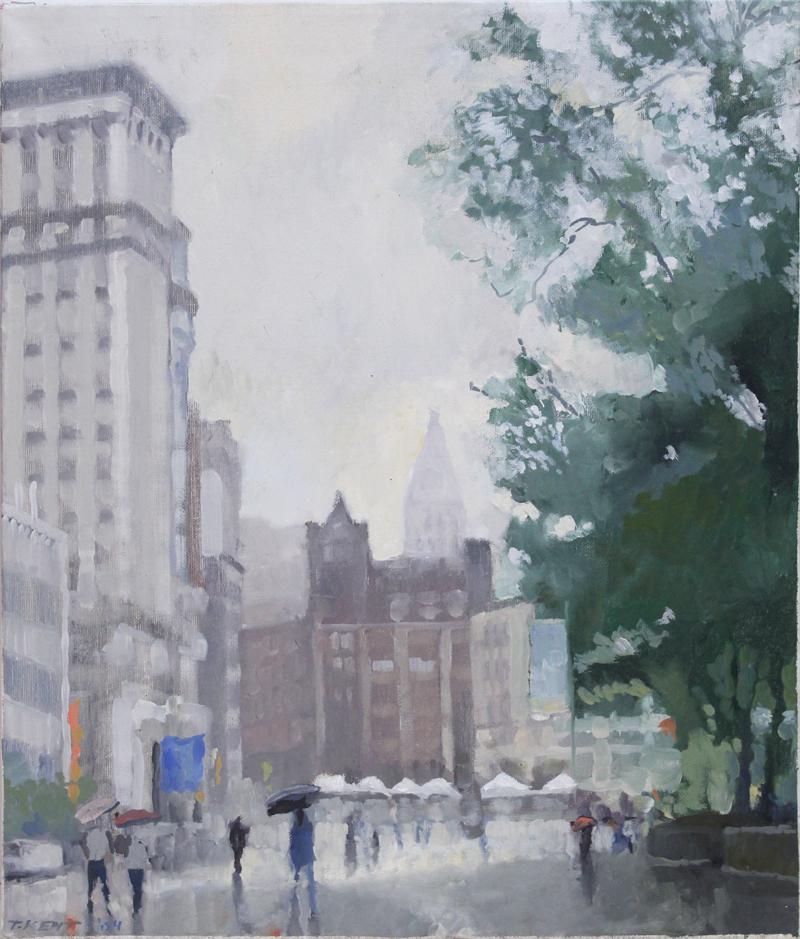 Tim Kent (20th Century) New York: RAINY DAY IN MANHATTAN, 2004, acrylic painting on canvas, signed and dated lower left, 19 x 16”.