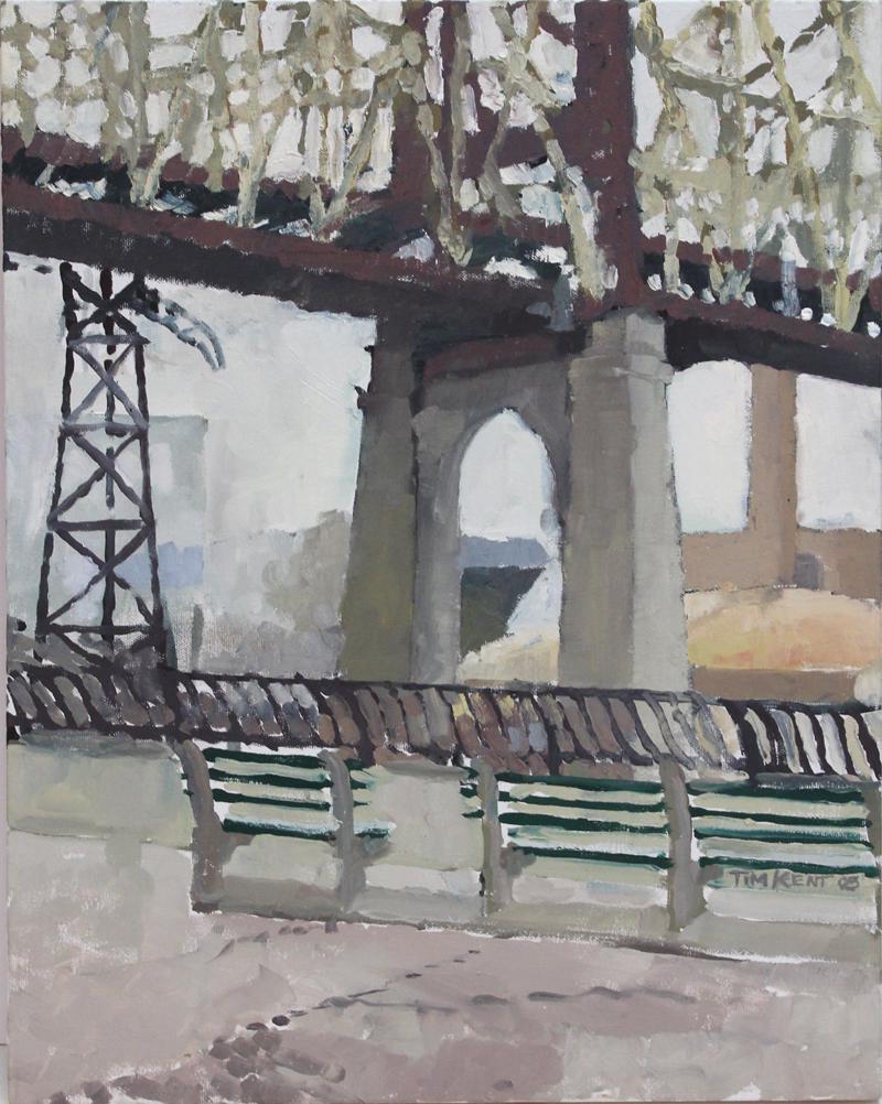 Tim Kent (20th Century) New York: UNDER THE BRIDGE, 2005, acrylic painting on canvas, signed and dated lower right, 20 x 16”.