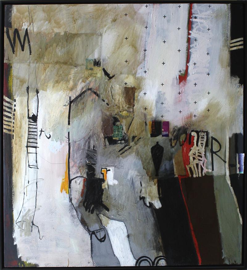 T. J. Lange (1965-2002) American: HANGING IN THERE, oil painting on canvas with collage, a signature not found, 63 x 57 ½”, frame 65 x 59 ½”.