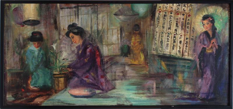 Claretta White (circa 1915-2002) California: GEISHAS, 1957, oil painting on panel, signed and dated lower right, 25 x 49” including frame. Note: The artist is a famous author of many Foster Painting Technique books.