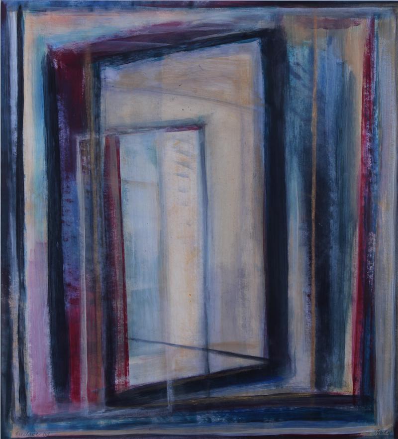 Barbara Yukoi (b. 1946) American: ENCLAVE 101, watercolor on paper, signed lower right, titled lower left, sight 21 ½ x 19 ½”, frame 36 x 32 ¼” with glass.