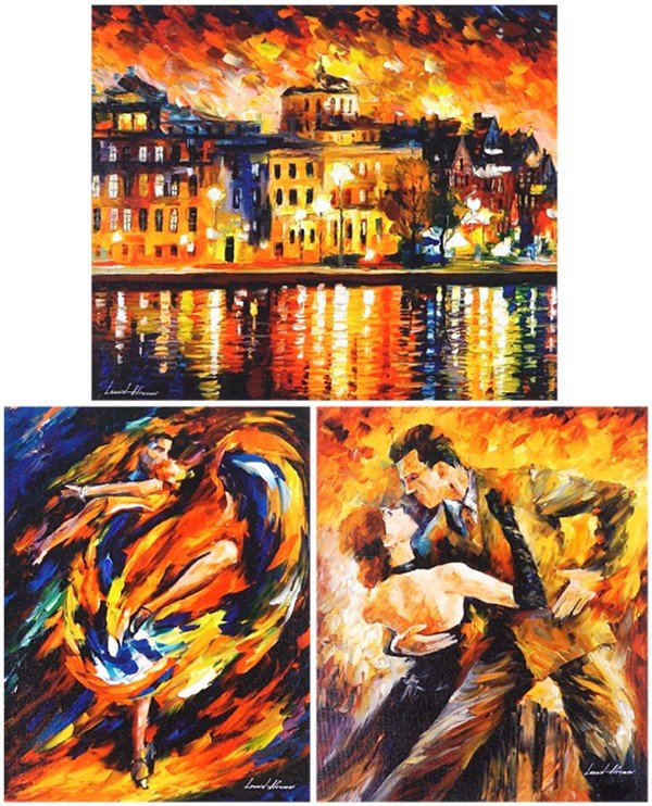 Leonid Afremov (b. 1955) Russian/Israeli (three): CITY REFLECTIONS; FLAMENCO; JESTER, three color giclees on canvas with hand-painting, each signed in silver marker, from the numbered editions 60, images 10 ¾ x 12 ¾", 13 ½ x 10 ¼", 13 ½ x 11 ¼"