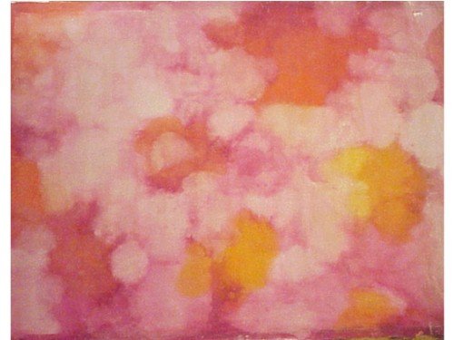 Alice Baber (1928-1982) American: THE GARDEN OF LIGHT, 1960, oil painting on unstretched canvas, signed lower right, titled signed and dated on verso, 72 x 94", stray paint on recto, losses mainly in the upper left area, staining on v