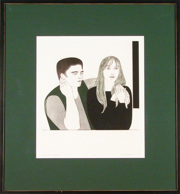 Will Barnet (b. 1911) American: YOUNG COUPLE, color etching, signed in pencil, hors commerce aside from the numbered edition, image 17 ½ x 15 ¼", full margins, framed, a few soft handling creases, otherwise in good condition.