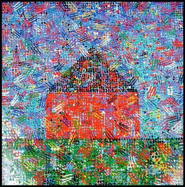 Jennifer Bartlett (b. 1941) American: THE RED HOUSE, 1999, color screenprint, signed in pencil, from the numbered edition 150, image 30 x 30", full margins, published by Lincoln Center/List, with hard and soft creases throughout and some