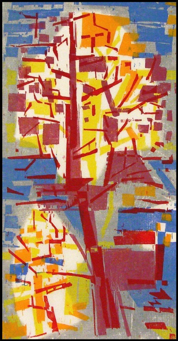 Werner Drewes (1899-1985) German/American: TREE IN BLOOM, 1958, color woodcut, signed in pencil, from the numbered edition 30, image 21 ½ x 11 ¼", full margins, soft creases and soft handling creases, a few discoloration speckles, hinged to