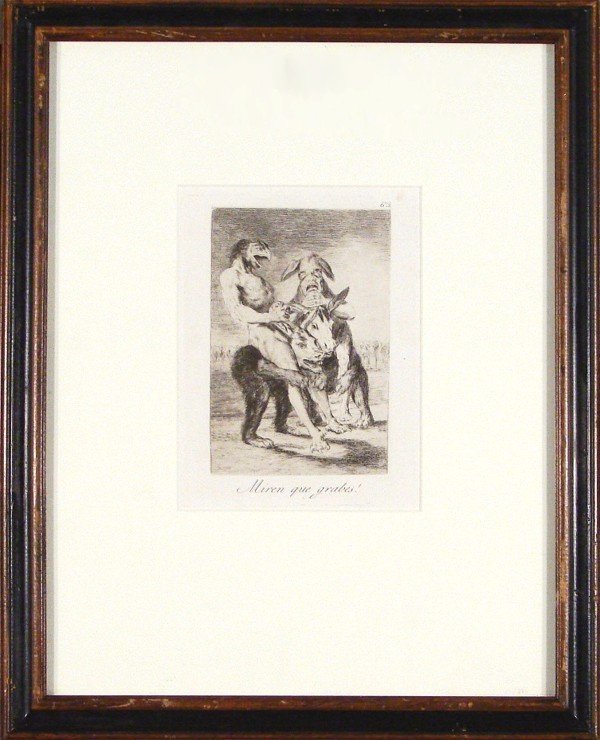 Francisco Jose de Goya (1746-1828) Spanish: MIREN QUE GRABES! (D.100; H.98) plate 63 from Los Capricios, 1799, etching with beveled plate, signature in plate, plate 8 ½ x 6 ½", full margins, framed with glass.