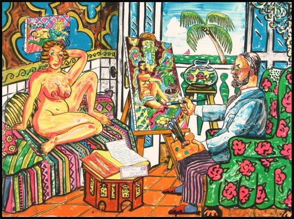 Red Grooms (b. 1937) American: MATISSE IN STUDIO, 1992, color lithograph, signed in pencil, from the numbered edition 45, sheet 22 ¼ x 30", two skin marks on verso from previous hinges, otherwise in good condition.