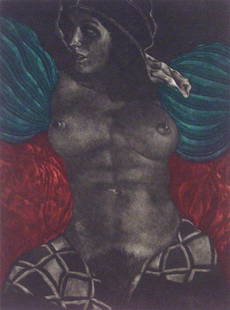 Masuo Ikeda (b. 1934) Japanese: FEMALE NUDE WITH HAT from the NOBEL PRIZE portfolio, 1975, color mezzotint, signed in pencil, from the numbered edition 100, image 15 ¾ x 11 ¾", full margins, a few soft handling creases, otherwise