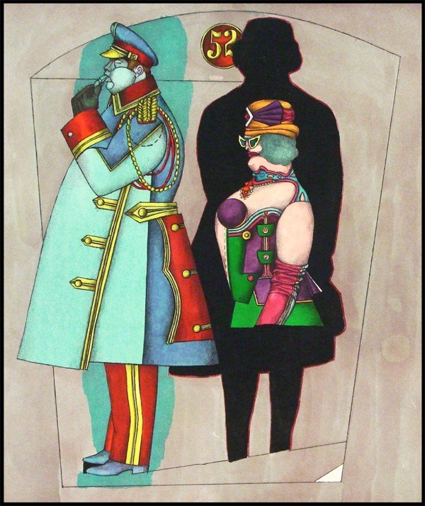 Richard Lindner (1901-1978) German: CAB CALL from Fun City, color lithograph, signed in pencil, from the numbered edition 75 on Japon paper, sheet 26 ¼ x 20", creases in corners, small nicks and scrapes from glass breakage from previou