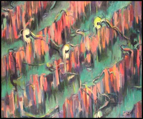 Fabian Marcaccio (b. 1963) Argentinean: GERMINAL GEOGRAPHY, 1988, oil painting on canvas, signed and dated lower right, 42 x 50".