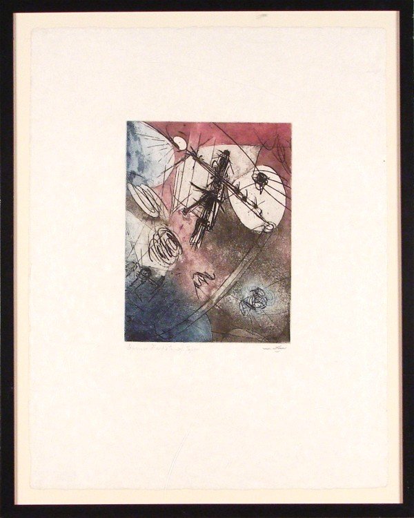 Roberto Matta (1912-2002) Chilean: CASTRONAUTES (S.129), 1965, color aquatint etching on Japan paper, signed in pencil, artist's proof aside from the numbered edition 100, image 12 ¼ x 9 ½", sheet 26 x 20", framed, creases and soft h