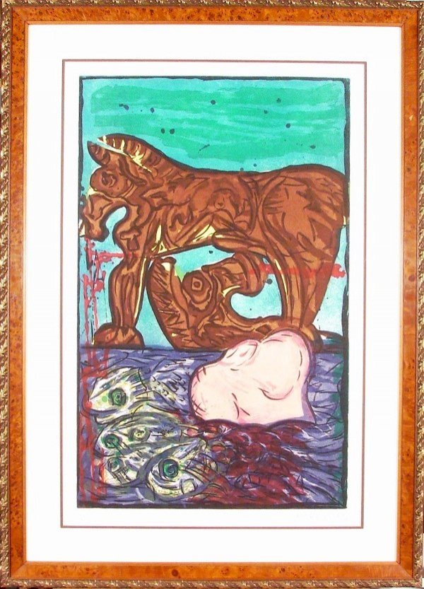 Malcolm Morley (b. 1931) British: THE RETURN from Fallacies of Enoch, color aquatint etching, signed in pencil, from the numbered edition 75, image 32 ½ x 20 ½", full margins, framed.