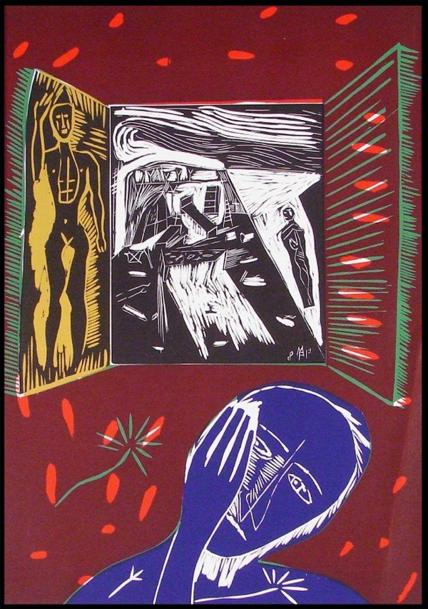 Mimmo Paladino (b. 1948) Italian: COMPOSITION, 1993, color linocut, signed in pencil, from the numbered edition 100, image 27 ½ x 19 ½", full margins, two diagonal creases from top to bottom right edge, one through image, with assoc