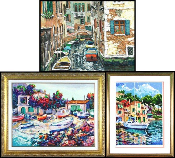Viktor Shvaiko, Alex Perez & Hazel Soan (three): VENICE CANAL, color screenprint on canvas, signed in ink, from the numbered edition 360, size 22 ¼ x 29 ¾"; Together with Alex Perez, BOATS, color screenprint on canvas, signed lower left, artist's 