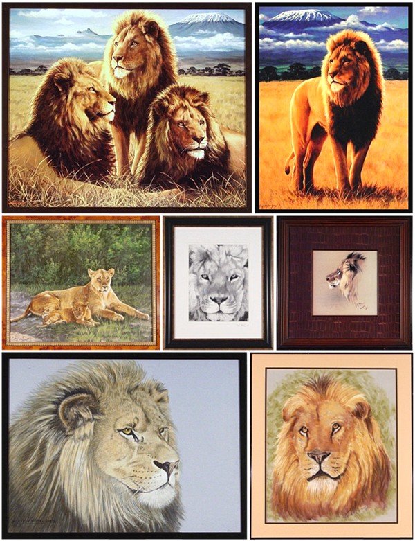 David Stribbling & other Lion Artists (eight): LION FAMILY, oil painting on canvas, signed lower right, 20 x 24", framed; Together with Michael P. Frase, LION HEAD, 1998, oil painting on canvas, signed and dated lower left, 18 x 24"; Together with