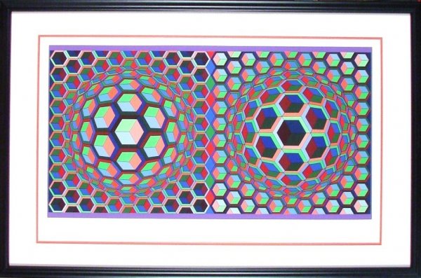 Victor Vasarely (1908-1997) Hungarian: DOUBLE HONEYCOMB, color screenprint, signed in pencil, from the numbered edition 250, image 19 x 35 ½", full margins, framed.