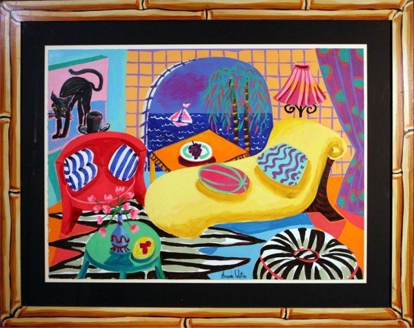Amanda Watt (b. 1960) Irish: INTERIOR WITH YELLOW COUCH, 1994, acrylic painting on paper, signed and dated lower center, 22 x 30", artist designed hand-painted frame.