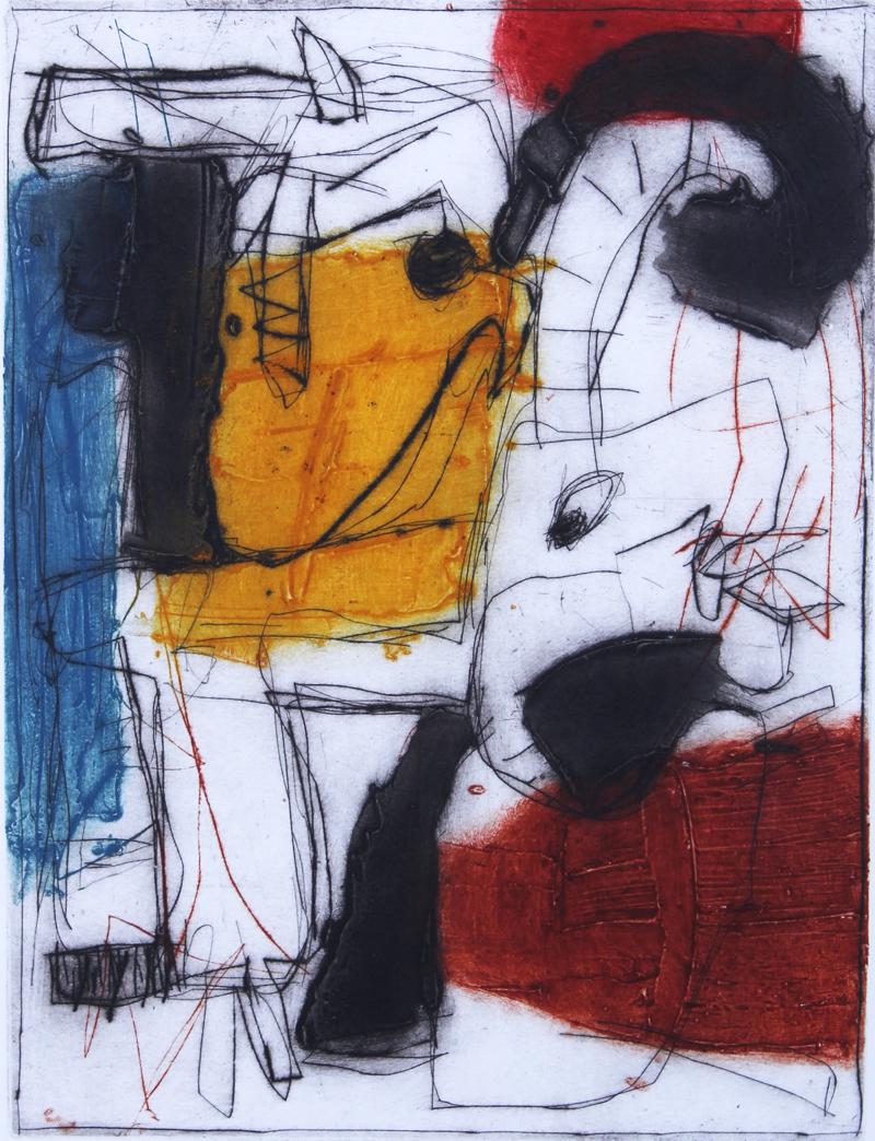 Gianfranco Asveri (b. 1948) Italy: UNTITLED, color etching, signed and numbered 20/99 in pencil, plate 15 ½ x 11 ½”, full margins, frame 30 ¼ x 26 ¼” with glass.