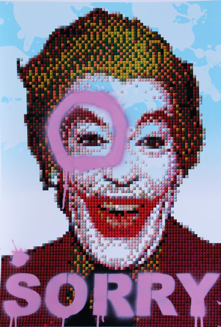 Joe Black (b. 1973) British: SORRY, color giclee with acrylic spray paint, signed in pencil and inscribed A.P. (artist proof) in pencil, sheet 27 ¼ x 19 ¼”.