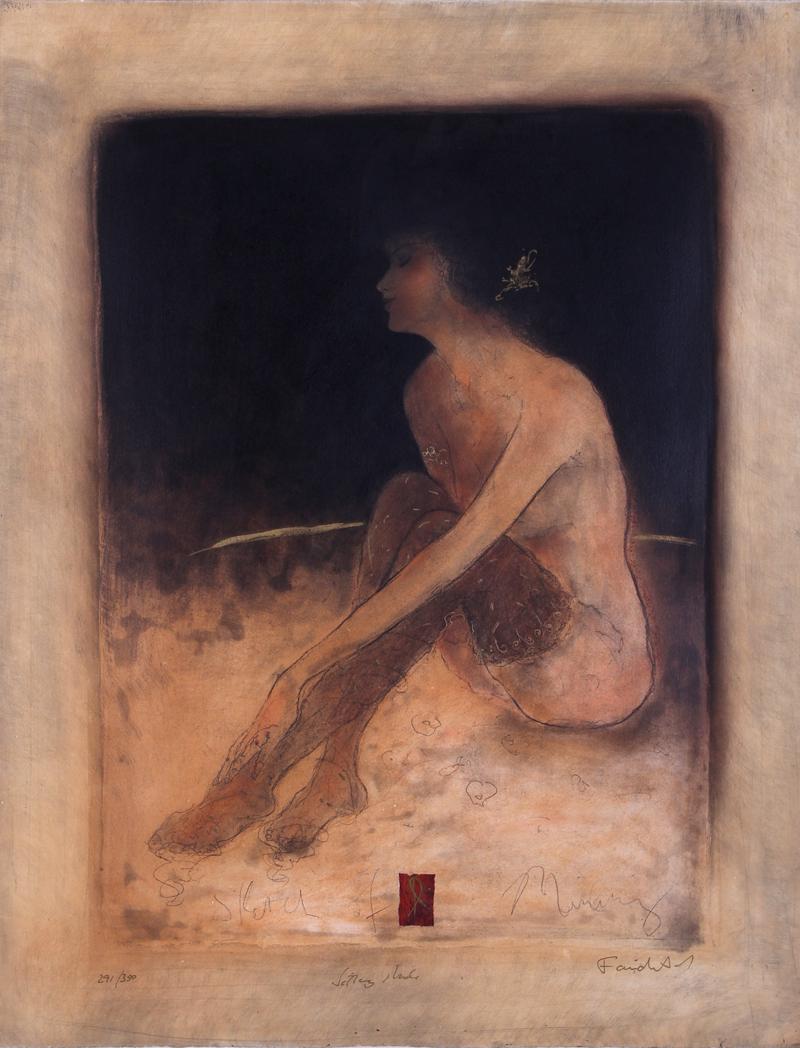 Roy Fairchild Woodard (b. 1953) British: SITTING NUDE, color lithograph with hand work, signed and titled and numbered 291/350 in gold ink, sheet 31 x 23 ¾”, with silk matting and gold filet 38 ½ x 31”.