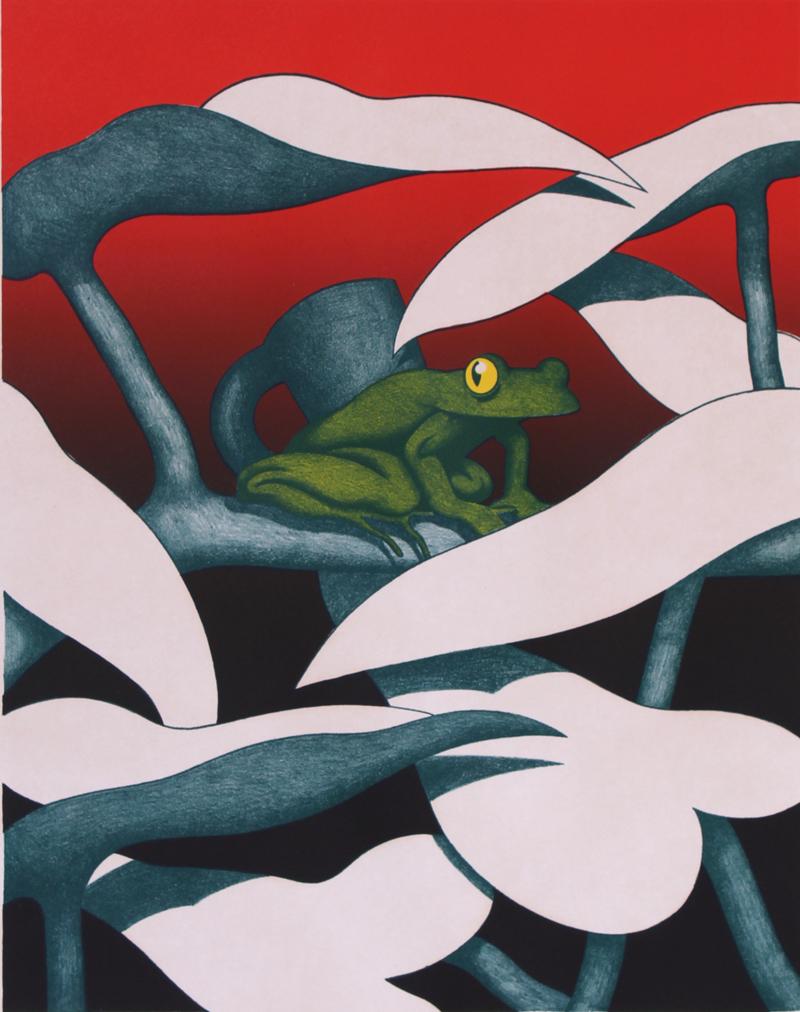 Ken Price (1935-2012) California: JIBAROLAND FROG-CUP, 1968, color lithograph, signed and dated and titled numbered 1/20 in pencil on verso, printed at Tamarind, sheet 22 x 17”.