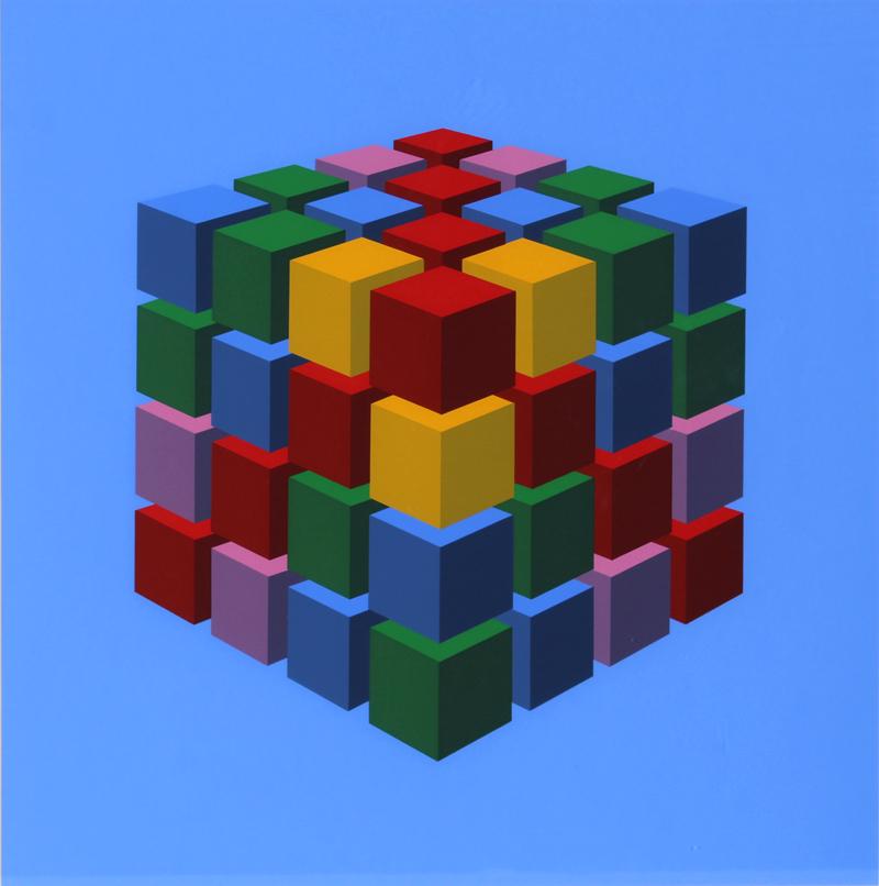 Marko Spalatin (b. 1945) Croatia American: COLORED CUBES, color screenprint, signed and titled and numbered 21/60 in pencil, image 18 x 18”, full margins, frame 26 ¾ x 26 ¾” with glass.