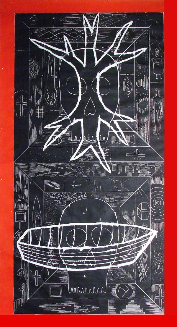 John Buck (b. 1946) American: THE HAVES & THE HAVE NOTS, 1987, color woodblock print, signed in pencil, from the numbered edition 14, image 61 x 33 ½", full margins, creases and soft creases, a couple tears in the margins, small