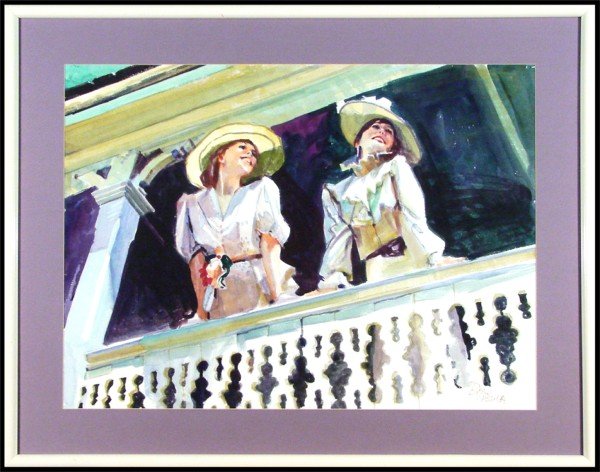 Neil Boyle(20th Century) American: TWO WOMEN ON A BALCONY, watercolor on paper, signed lower right, 22 x 30", framed with glass.