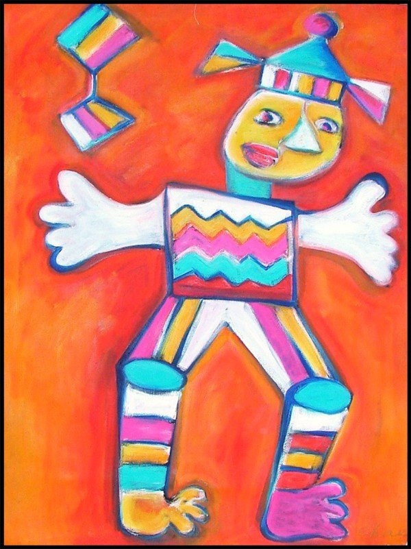 Chae (20th Century) Korean (four): BOY PUPPET OF 1951, 1987, oil painting on un-stretched canvas, signed lower right, 55 ¾ x 42"; Together with CAROUSEL; DANCERS ON THE BEACH; HONEYMOONERS; three color screenprints, each signed in pen