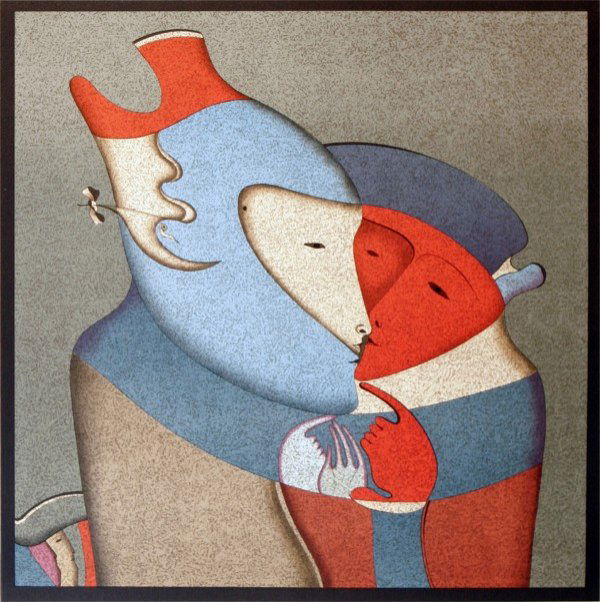 Mihail Chemiakin (b. 1943) Russian: LES DEUX AMIS, color lithograph, signed in pencil, from the numbered edition 300, image 17 ½ x 17 ½", full margins, a few soft handling creases, otherwise in good condition.