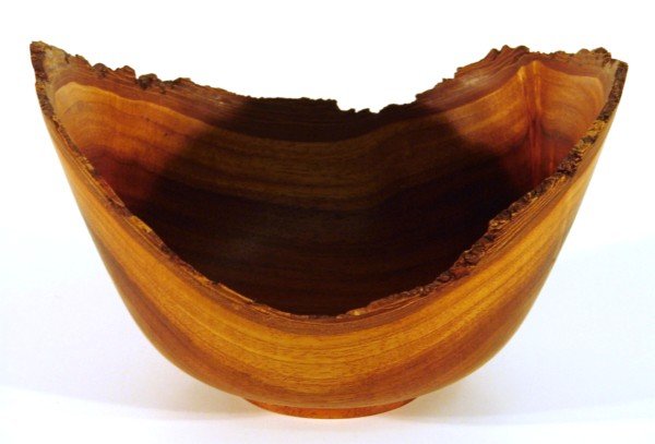 Decorative Arts: Wood by Jerry Kermode (20th Centu: Hand-made carved walnut burlwood bowl, signed and dated 2000, 5" tall, 8" wide.