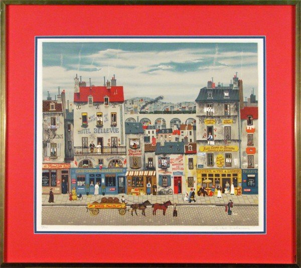 Michel Delacroix (b. 1933) French: PARIS STREET SCENE, color lithograph, signed in pencil, from the numbered edition 150, image 19 ¼ x 22 ½", full margins, framed with glass, pale toning from sunlight, otherwise in good condition.