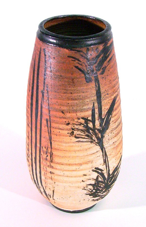 Viveca & Otto Heino (20th Century) American: Hand-painted ceramic vase, signed by both artists and dated 1995 underneath, 13" tall.
