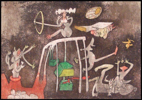 Roberto Matta (1912-2002) Chilean: ON SE LASSE DE TOUT SAUF DU CIBTRAURE (S.371), 1974, from the NOBEL PRIZE portfolio, color aquatint etching, signed in pencil, from the numbered edition 100, image 16 x 22 ½", full margins, mild toni