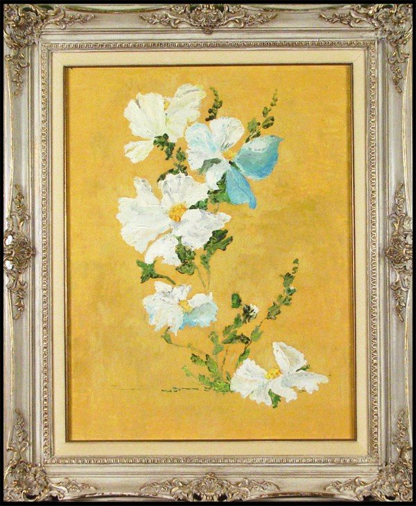 Pascal (Suzanne Regan Pascal) (b. 1914) American: WHITE FLOWERS, oil painting on canvas, 23 ½ x 18", framed; GIRL WITH HAT, color print, signed in pencil and inscribed artist's proof, image 18 ½ x 15 ½", Liscot blindstamp lower left, full margins,