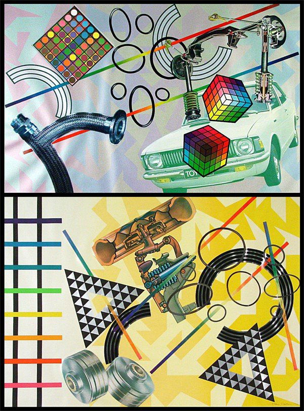 Peter Phillips (b. 1939) American (two): ART-O-MATIC, 1972-74, a color screenprint with collage on canvas and an embossed color etching with collage, both artist's proof aside from the numbered editions, images 27 ¼ x 39" & 23 ¾ x 37 ¼",
