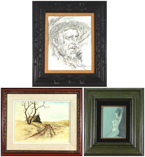Hal Reed, Irish McCalla & McBride (three): PORTRIAT OF A MAN, acrylic painting on Masonite, signed lower right, 15 x 12", artist's label on verso, minor cracking; Together with Irish McCalla, OVER THE HILL, watercolor on card, signed lower lef