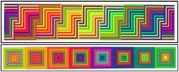 Francisco Sobrino (b. 1932) Spanish: UNTITLED, a pair of color screenprints on coated stock, each signed in pen, from the numbered editions 200, first image 6 x 47", sheet 15 ½ x 46 ¾", the second image 8 ½ x 40 ¾", sheet 13 x 55 ½"