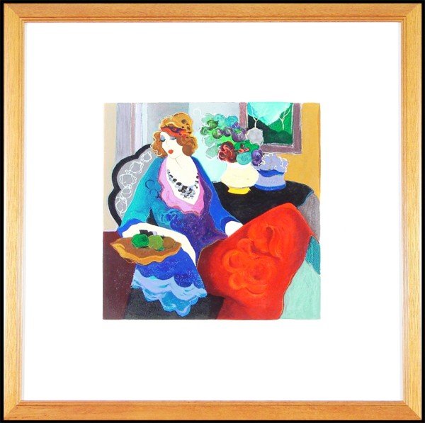 Itzchak Tarkay (b. 1935) Israeli: CELESTE, color screenprint, signed in pencil, from the numbered edition 350, image 10 ¾ x 10 ¾", full margins, framed with glass, faint erasure lower margin, otherwise in good condition.