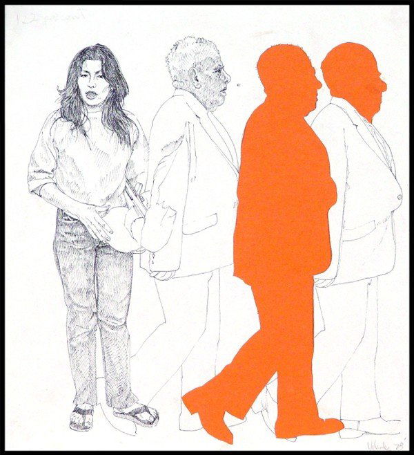 John Valadez (b. 1951) American: 122 PERCENT, 1978, ink drawing on paper with cut-out figures, signed and dated lower right, 9 x 8", a few discoloration spots, otherwise in studio condition.