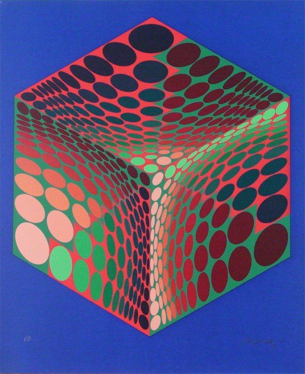 Victor Vasarely (1908-1997) Hungarian: CUBE, color screenprint, signed in pencil, artist's proof aside from the numbered edition, sheet 25 ¾ x 21 ½", creases upper left corner, edge wear, scuff lower right, other scuffs visible in raking
