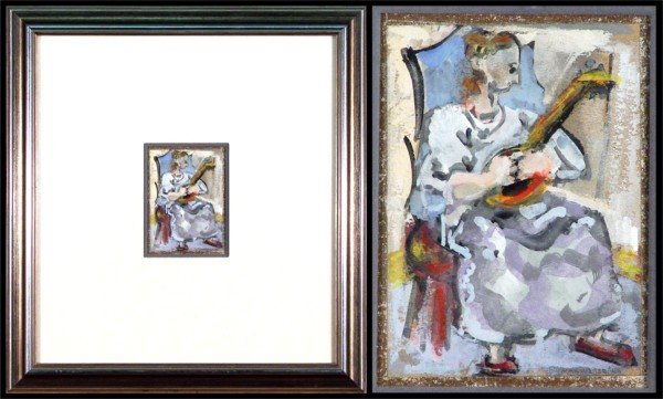 Max Weber (1881-1961) American: WOMAN WITH BANJO, 1949, gouache on paper, 6 x 4 ¼", signed and dated lower right, framed.