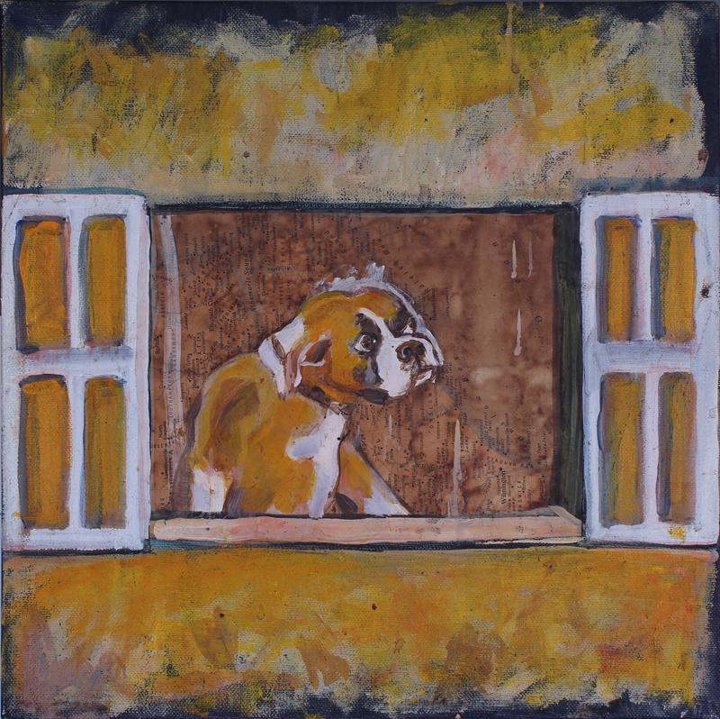 Baby Bryan De Selliers (20th/ 21st Century): BOXER DOG, oil painting on paper map collaged on canvas, 12 x 12”. From the collection of Laurie Frank, Frank Picture Gallery Santa Monica.