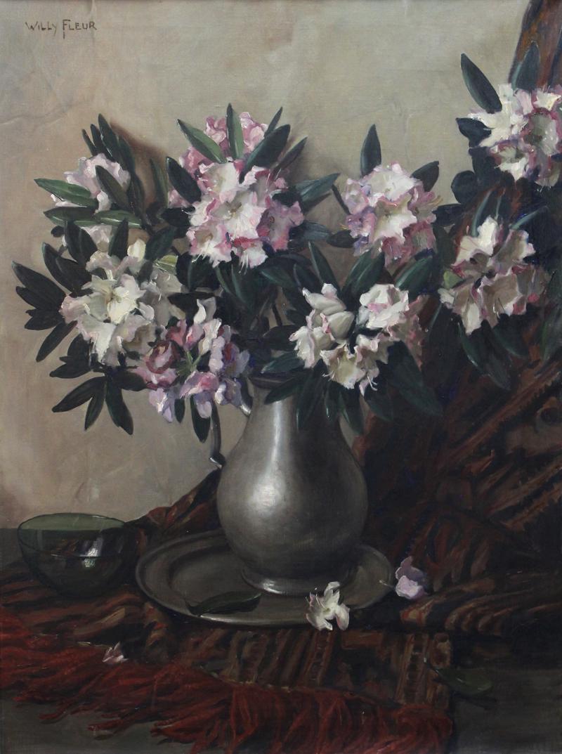 Willy Fleur (1888-1967) The Netherlands: RHODODENDRON, circa 1903, oil painting on canvas, signed upper left, 31 ¾ x 23 ¾”, frame 40 ¼ x 32 ½”. Provenance: Adamson-Duvannes Galleries, Los Angeles.