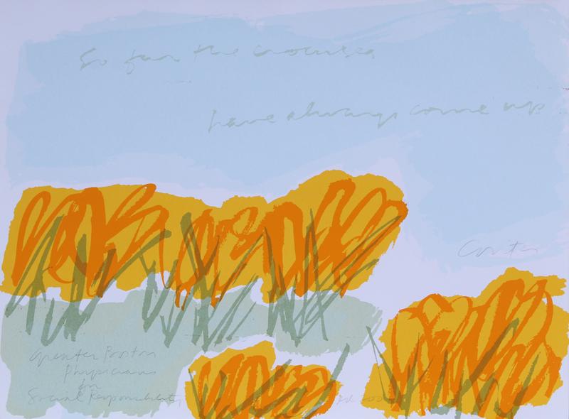 Sister Mary Corita Kent (1918-1986) California: COMING UP, 1985, color screenprint, signed in pencil and inscribed Ed 200 Greater Boston Physicians for Social Responsibility, sheet 18 x 24”.
