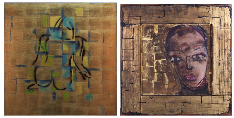 Hermann Lederle (20th Century) Germany Los Angeles: BACKSIDE NUDE ON GOLD, oil painting on canvas, 24 x 24”; PORTRAIT OF A MAN, 1988, oil painting on canvas with artist’s painted frame, signed and dated on verso, overall 19 ½ x 19 